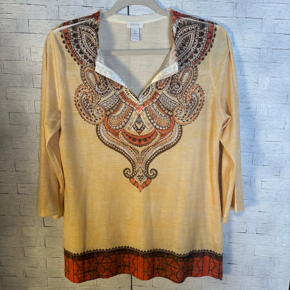 Chico‘s women’s T-shirt 3/4quarter sleeve yellow orange raw edge rhinestones 